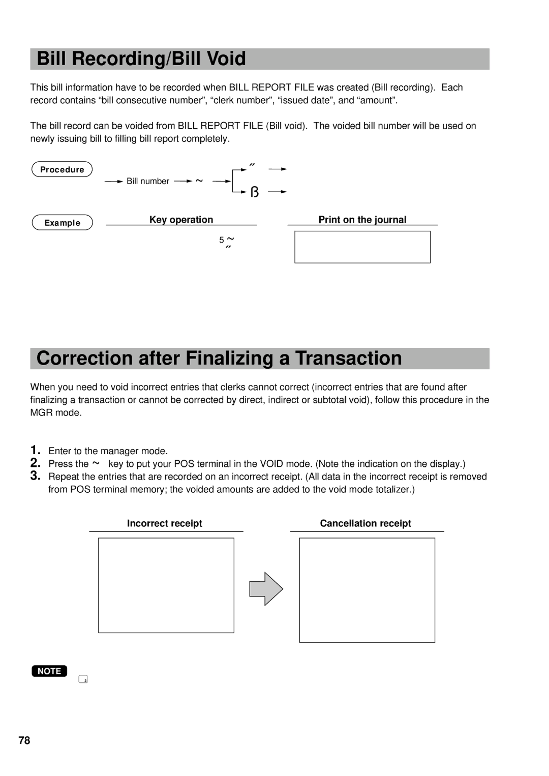 Sharp UP-600 Bill Recording/Bill Void, Correction after Finalizing a Transaction, Key operation Print on the journal 