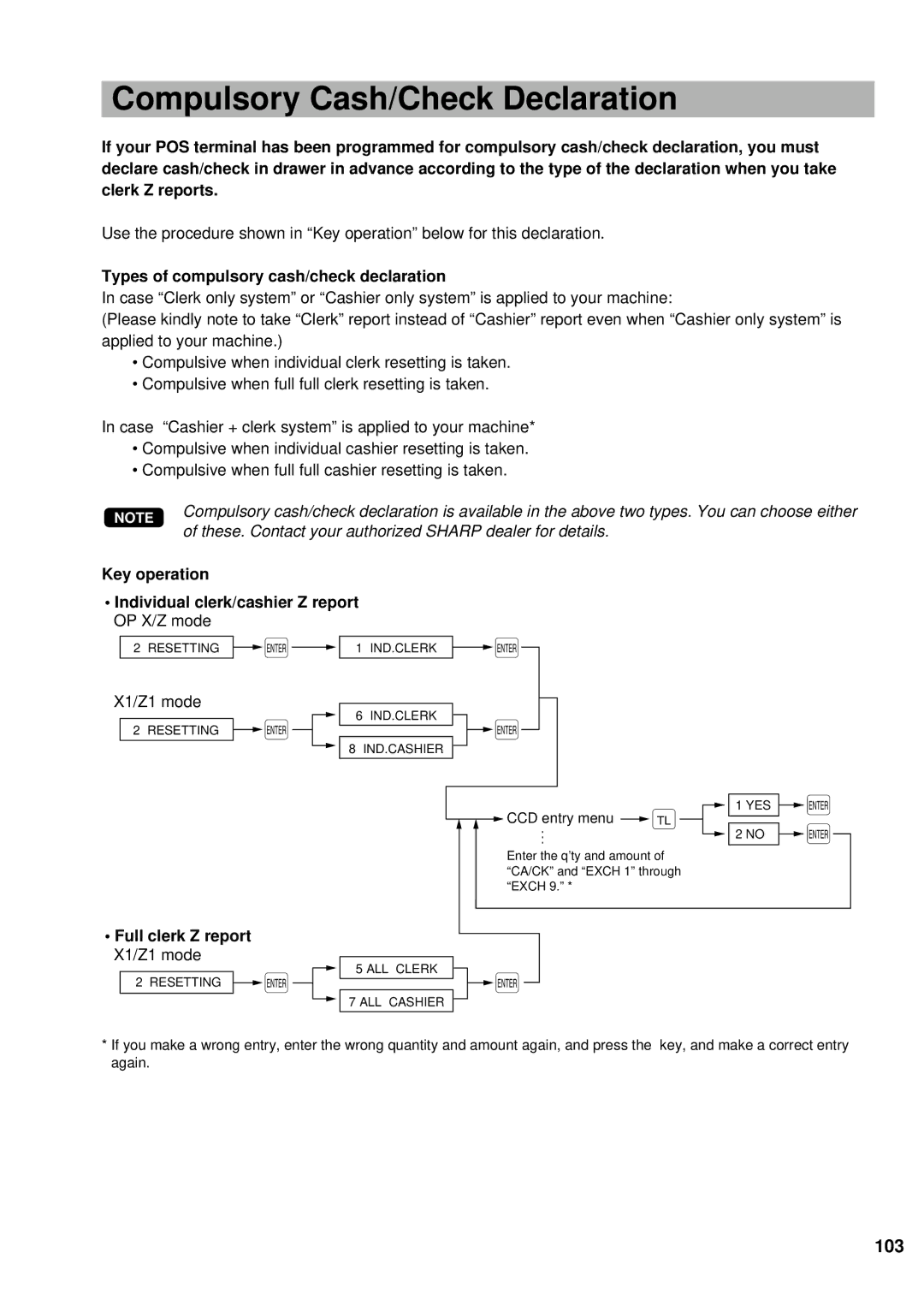 Sharp UP-700 instruction manual Compulsory Cash/Check Declaration, 103, Types of compulsory cash/check declaration 