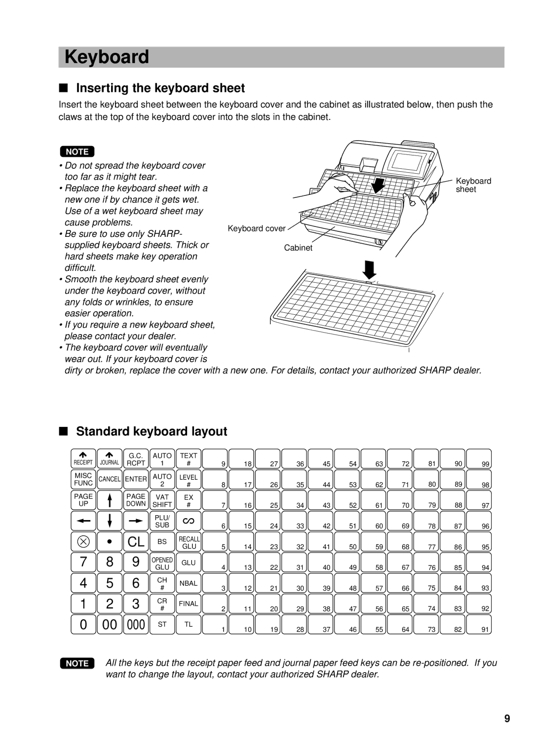 Sharp UP-700 instruction manual Keyboard, Inserting the keyboard sheet, Standard keyboard layout 