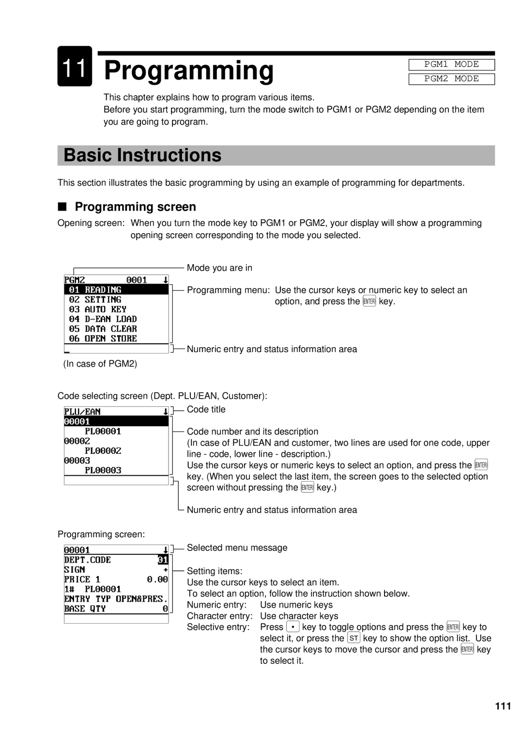 Sharp UP-700 instruction manual Basic Instructions, Programming screen, 111 