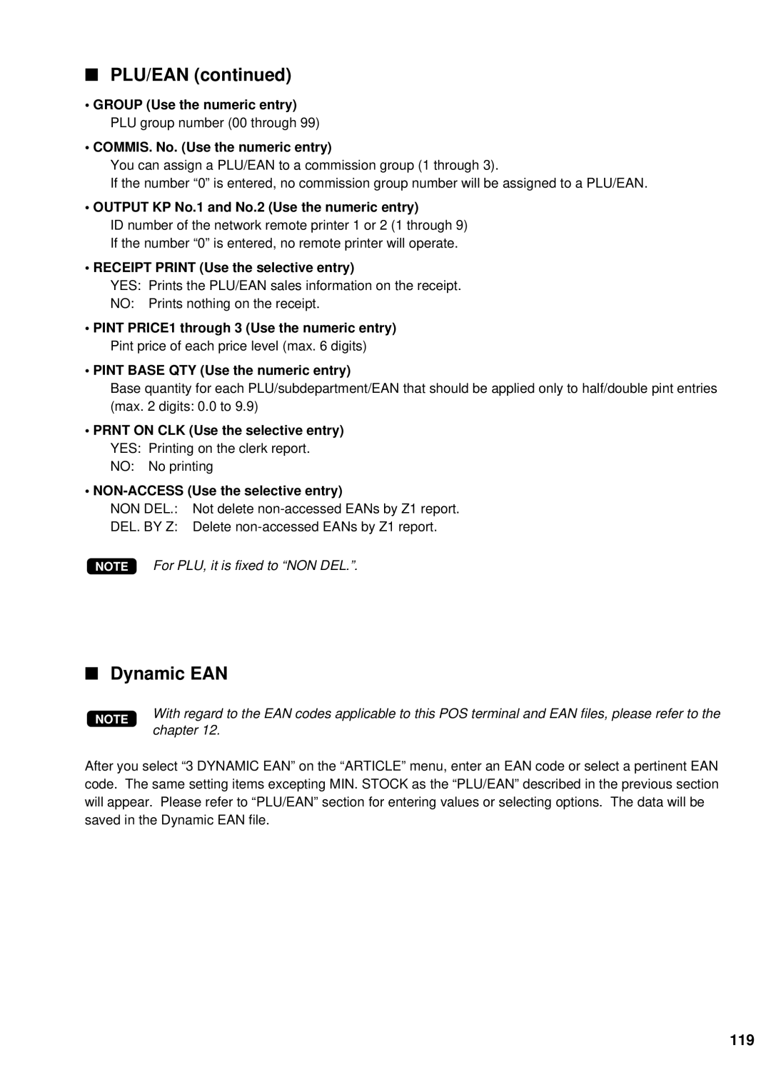 Sharp UP-700 Dynamic EAN, 119, Output KP No.1 and No.2 Use the numeric entry, NON-ACCESS Use the selective entry 