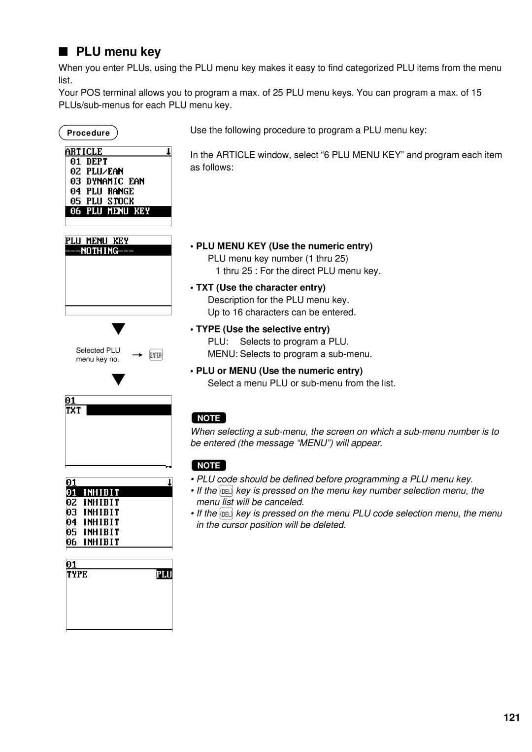 Sharp UP-700 PLU menu key, 121, TXT Use the character entry, Type Use the selective entry PLU Selects to program a PLU 