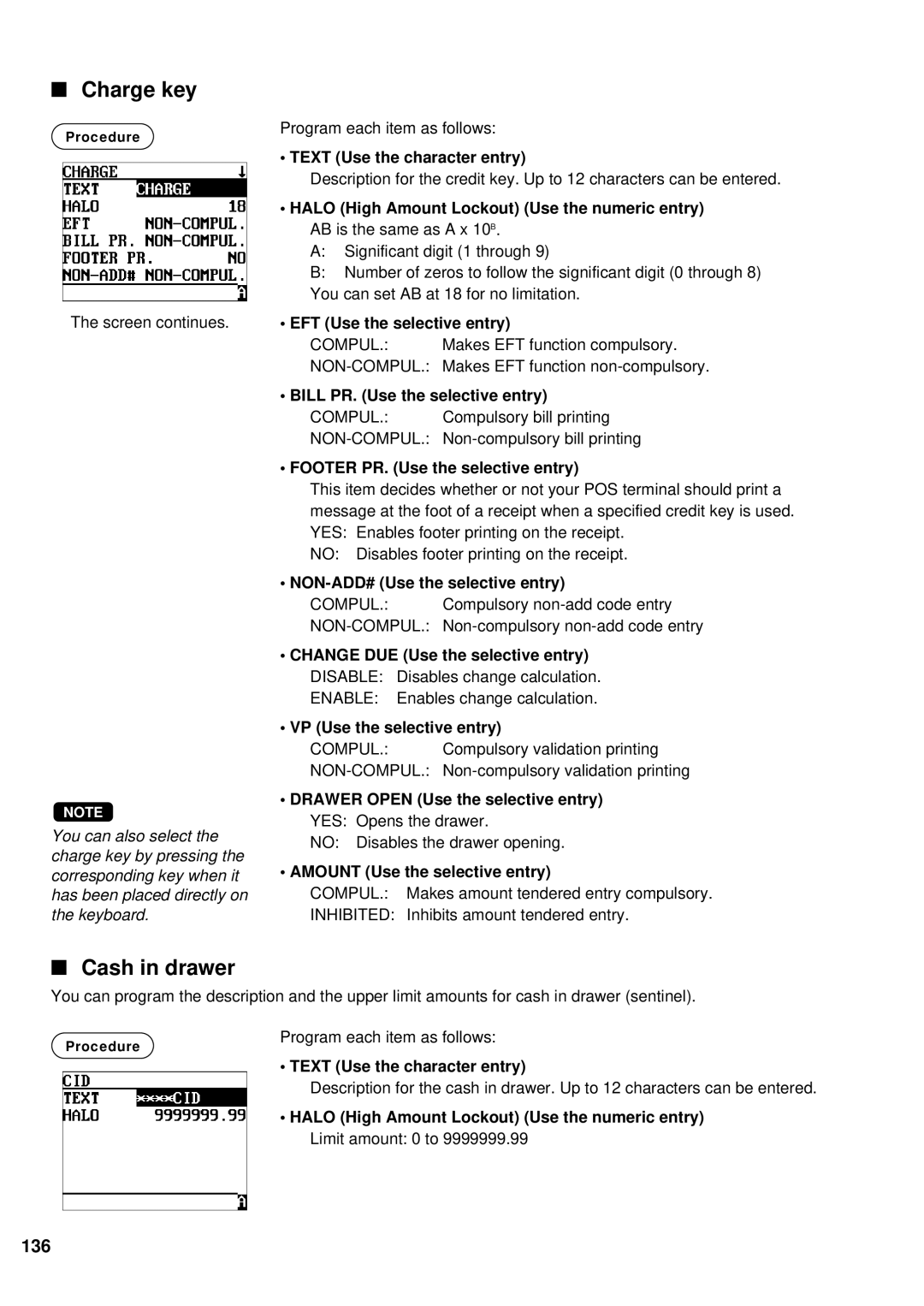 Sharp UP-700 instruction manual Charge key, Cash in drawer, 136 