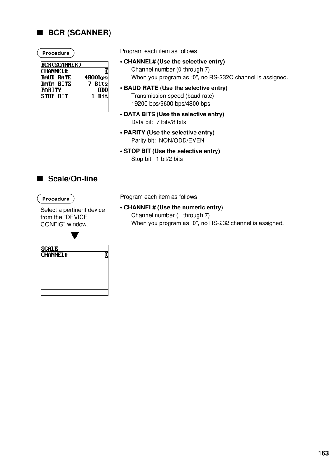 Sharp UP-700 Scale/On-line, 163, CHANNEL# Use the selective entry Channel number 0 through, CHANNEL# Use the numeric entry 