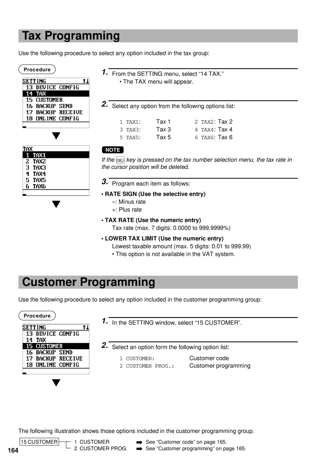 Sharp UP-700 instruction manual Tax Programming, Customer Programming, 164 