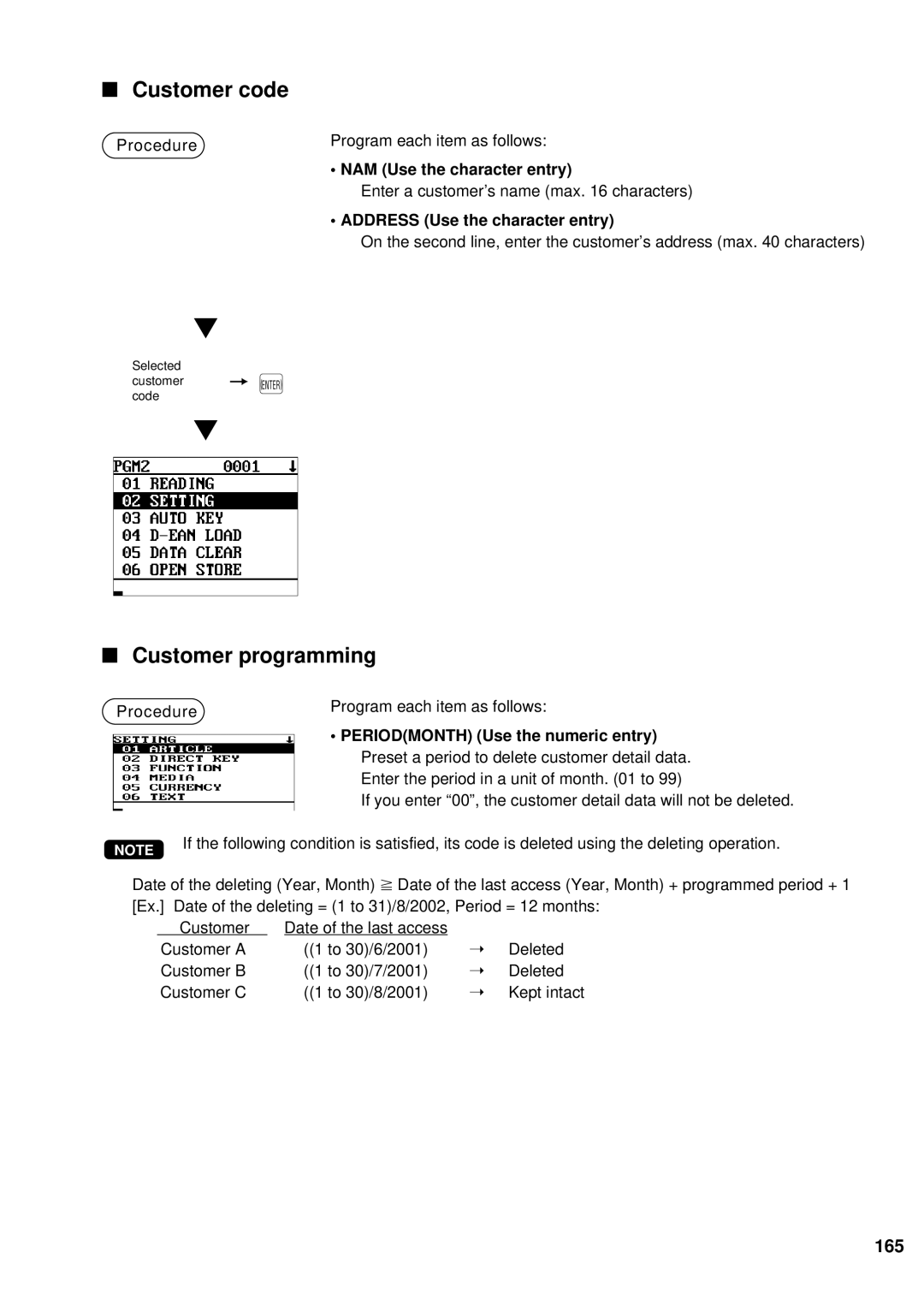 Sharp UP-700 Customer code, Customer programming, 165, NAM Use the character entry, Address Use the character entry 