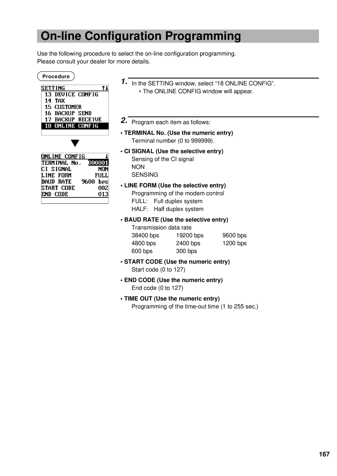 Sharp UP-700 instruction manual On-line Configuration Programming, 167, Terminal No. Use the numeric entry 