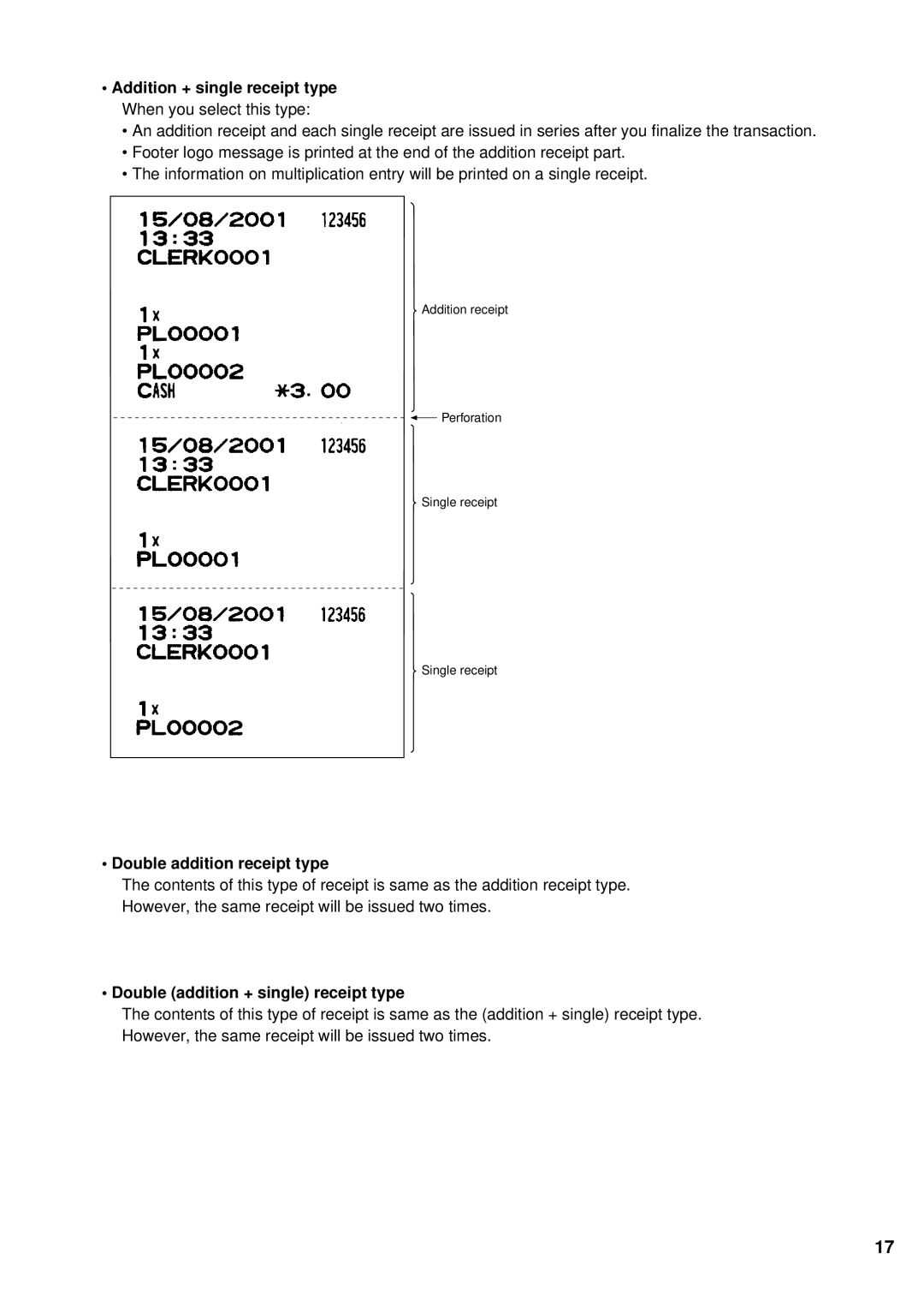 Sharp UP-700 instruction manual Addition + single receipt type When you select this type, Double addition receipt type 