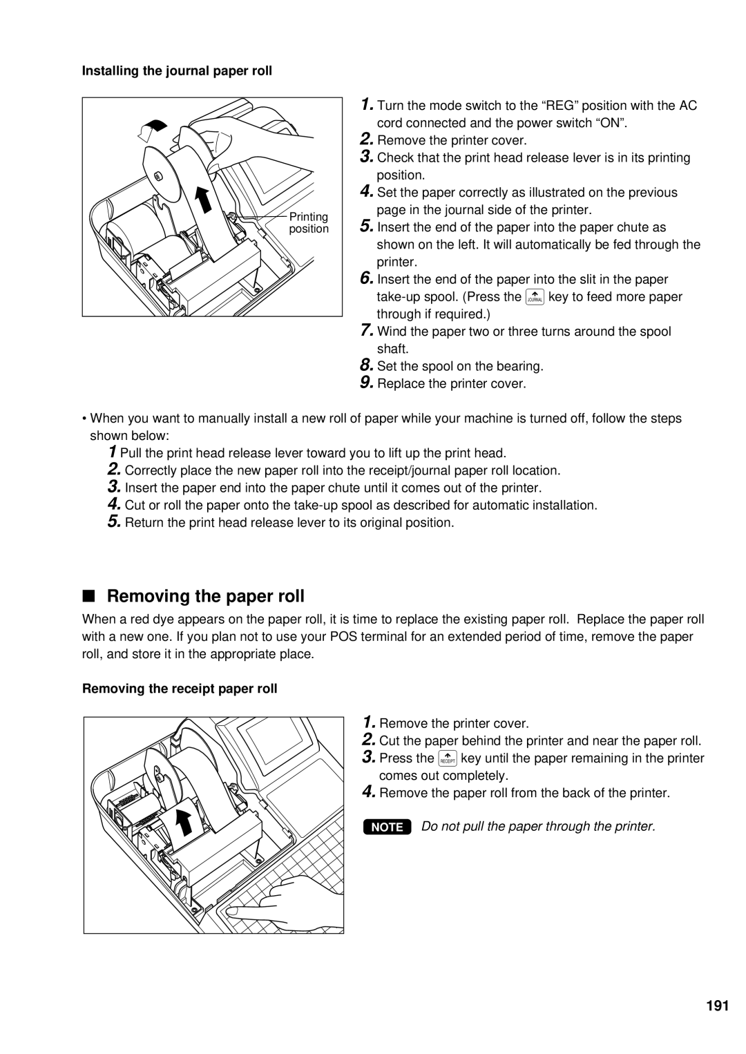 Sharp UP-700 Removing the paper roll, 191, Installing the journal paper roll, Removing the receipt paper roll 