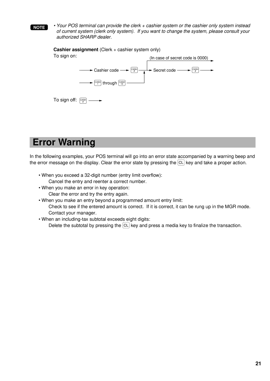 Sharp UP-700 instruction manual Error Warning, Authorized Sharp dealer 