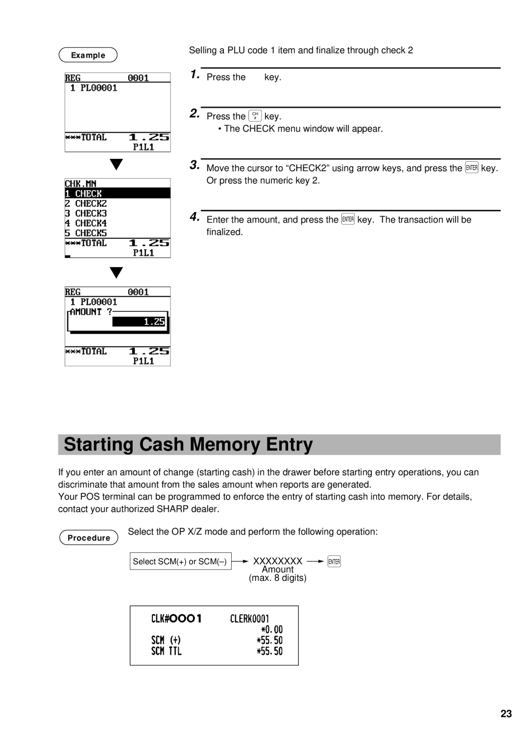 Sharp UP-700 instruction manual Starting Cash Memory Entry, Procedure 