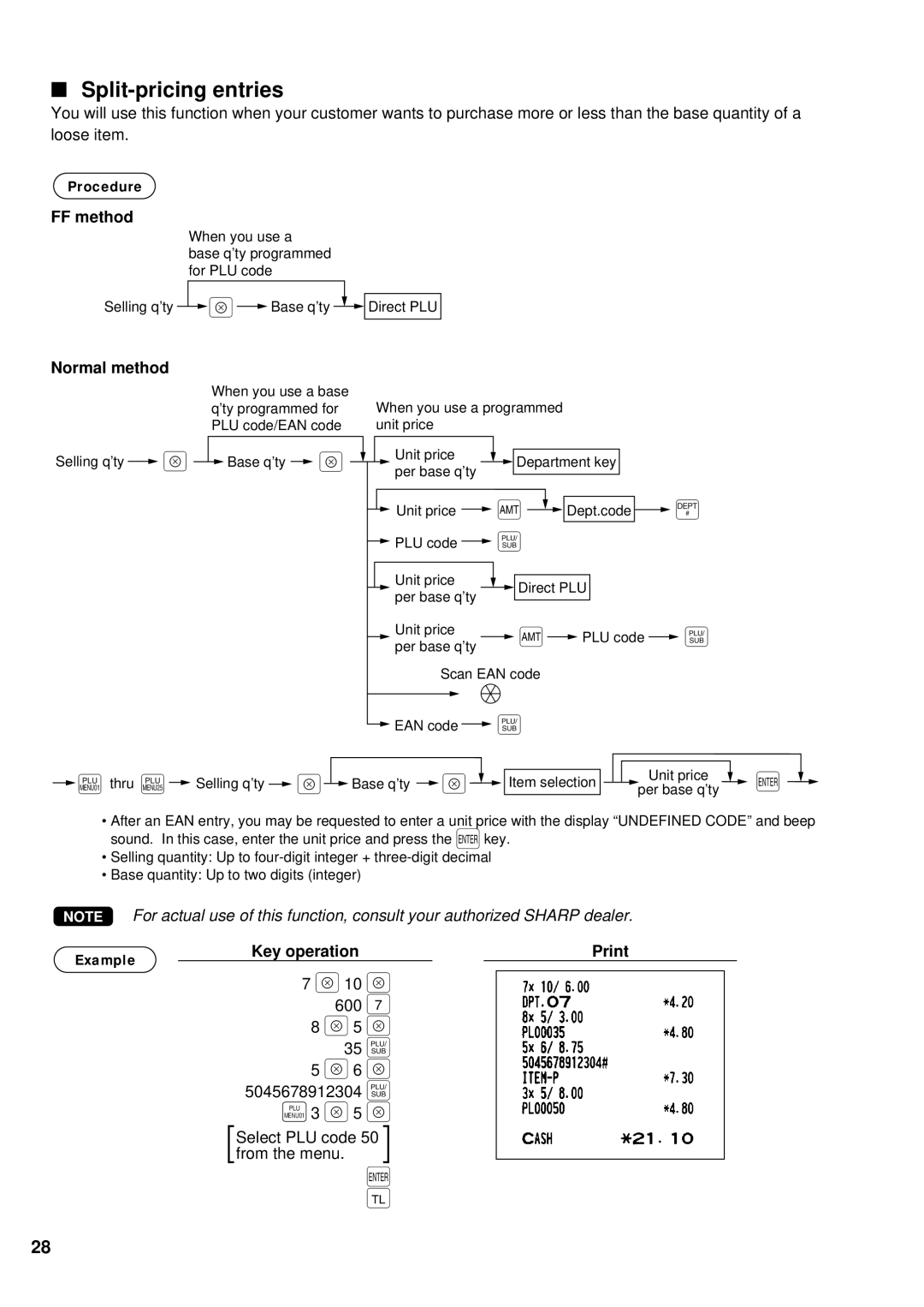 Sharp UP-700 instruction manual 600 35 P, Split-pricing entries, Procedure FF method 