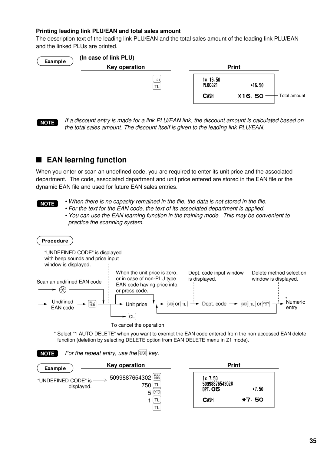 Sharp UP-700 instruction manual EAN learning function, Printing leading link PLU/EAN and total sales amount, 750 c 