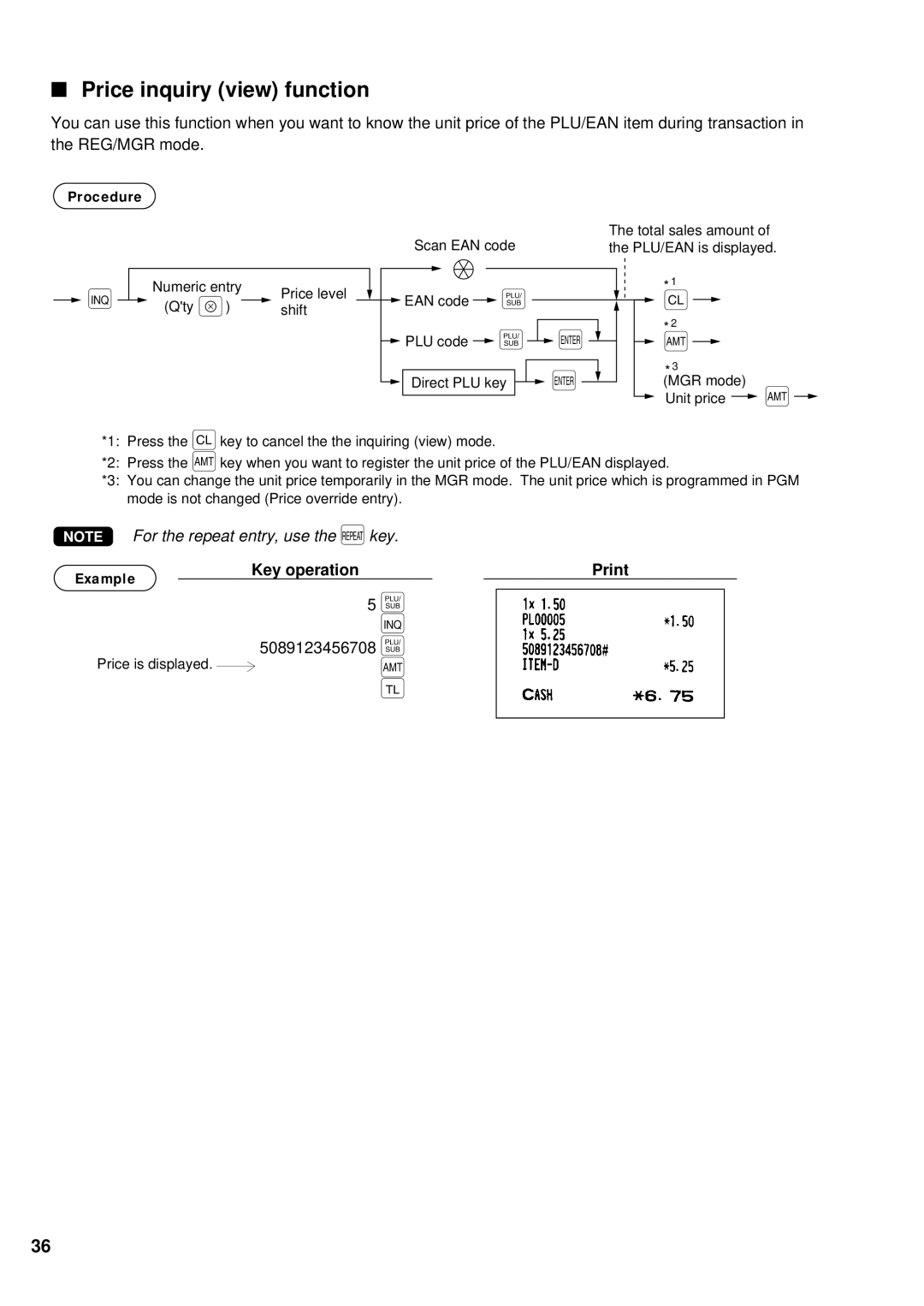 Sharp UP-700 instruction manual Price inquiry view function, Example Key operation Print 