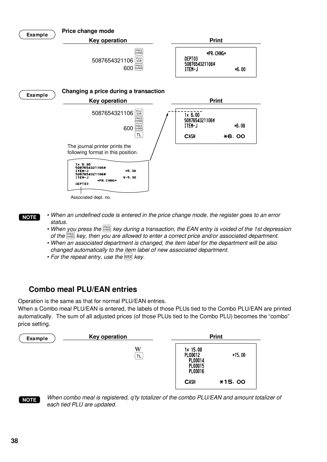 Sharp UP-700 instruction manual 600 Ê, Combo meal PLU/EAN entries, Example Price change mode Key operation Print 