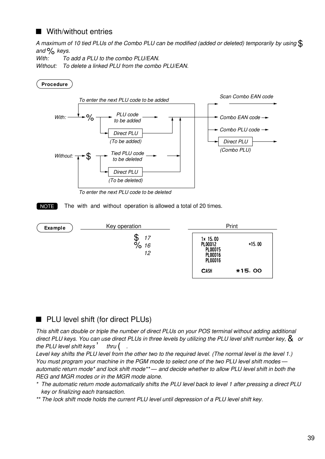 Sharp UP-700 instruction manual With/without entries, PLU level shift for direct PLUs 