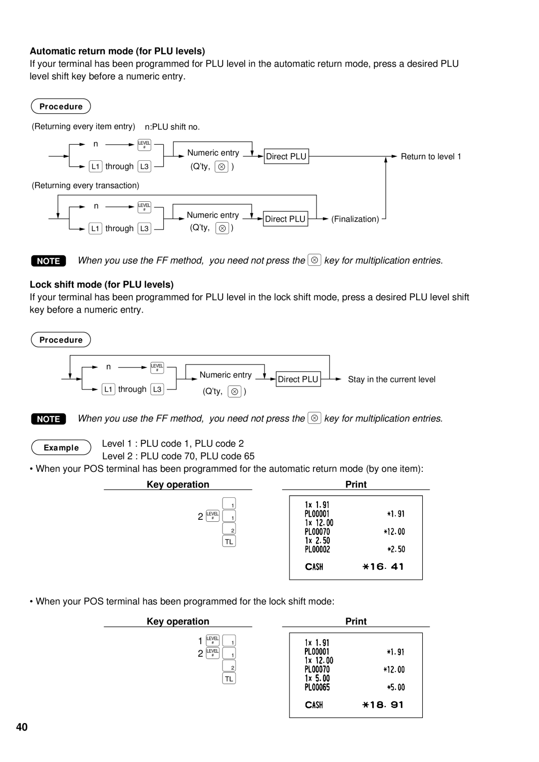 Sharp UP-700 instruction manual Automatic return mode for PLU levels, Lock shift mode for PLU levels, Key operation Print 