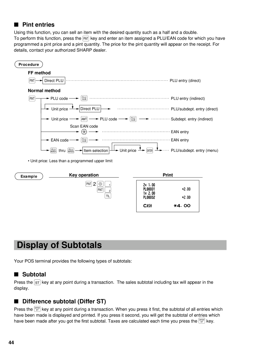 Sharp UP-700 instruction manual Display of Subtotals, P2 x1 p2 c, Pint entries, Difference subtotal Differ ST 