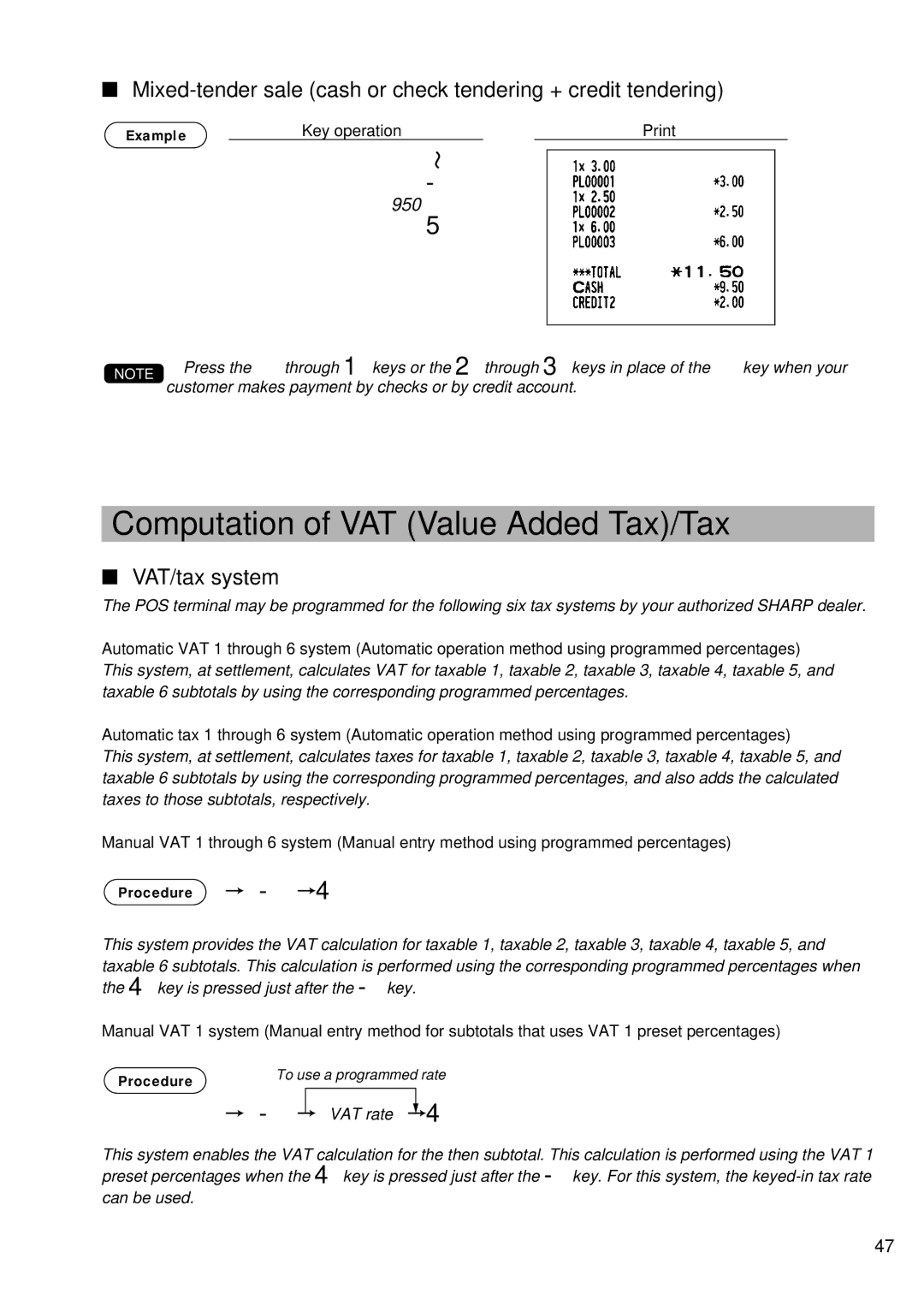 Sharp UP-700 instruction manual Computation of VAT Value Added Tax/Tax, 950 c, VAT/tax system 