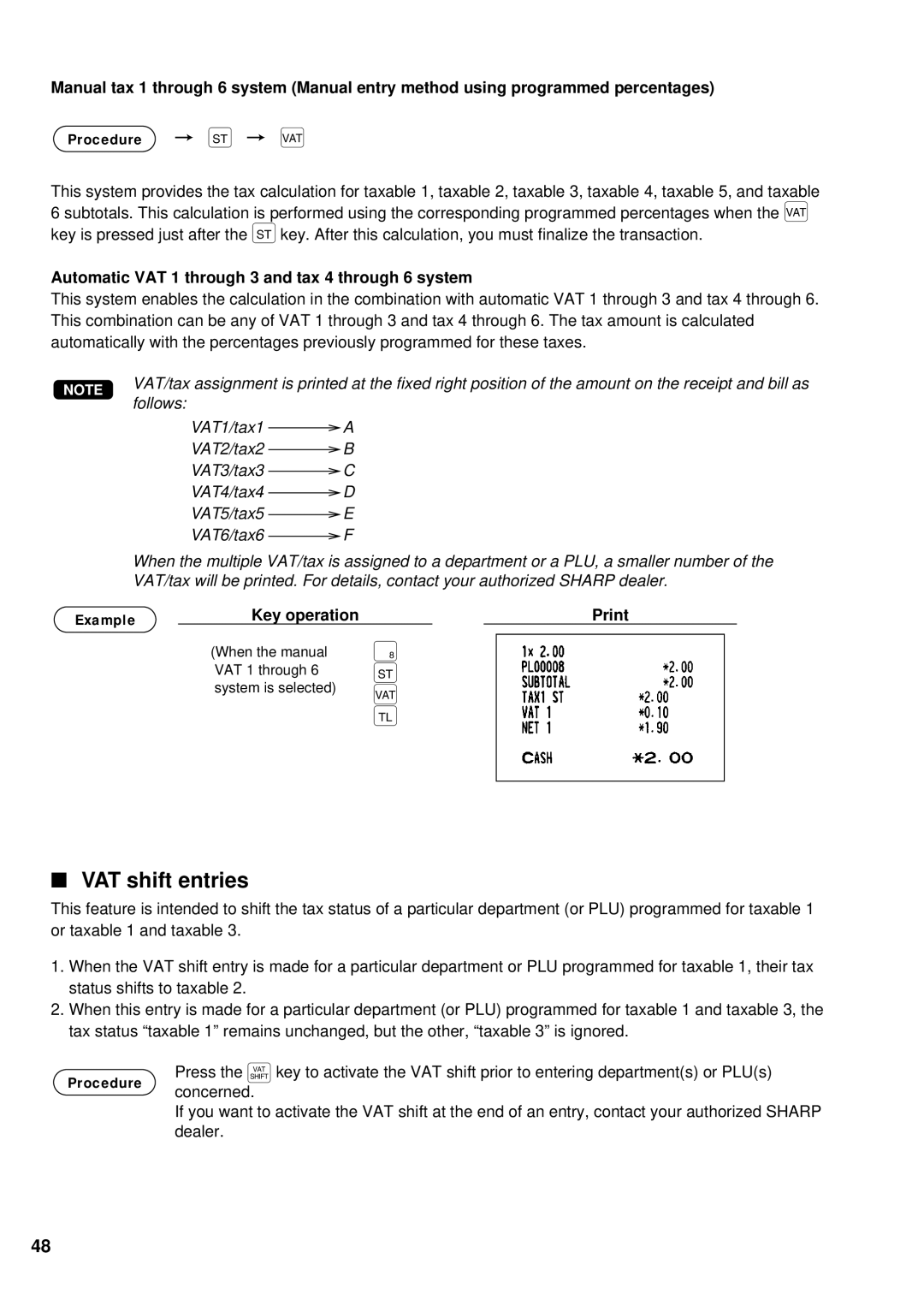 Sharp UP-700 instruction manual Z c, VAT shift entries, Automatic VAT 1 through 3 and tax 4 through 6 system 