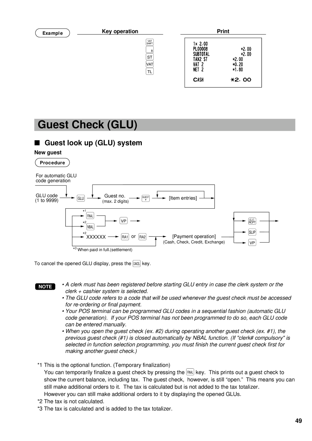 Sharp UP-700 instruction manual Guest Check GLU, 2ı √, Or a, Guest look up GLU system, New guest Procedure 