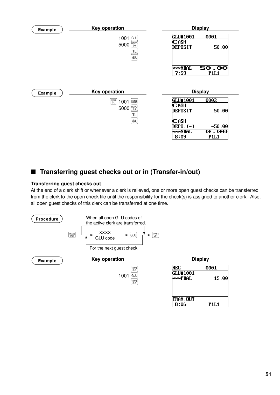 Sharp UP-700 instruction manual Transferring guest checks out or in Transfer-in/out 