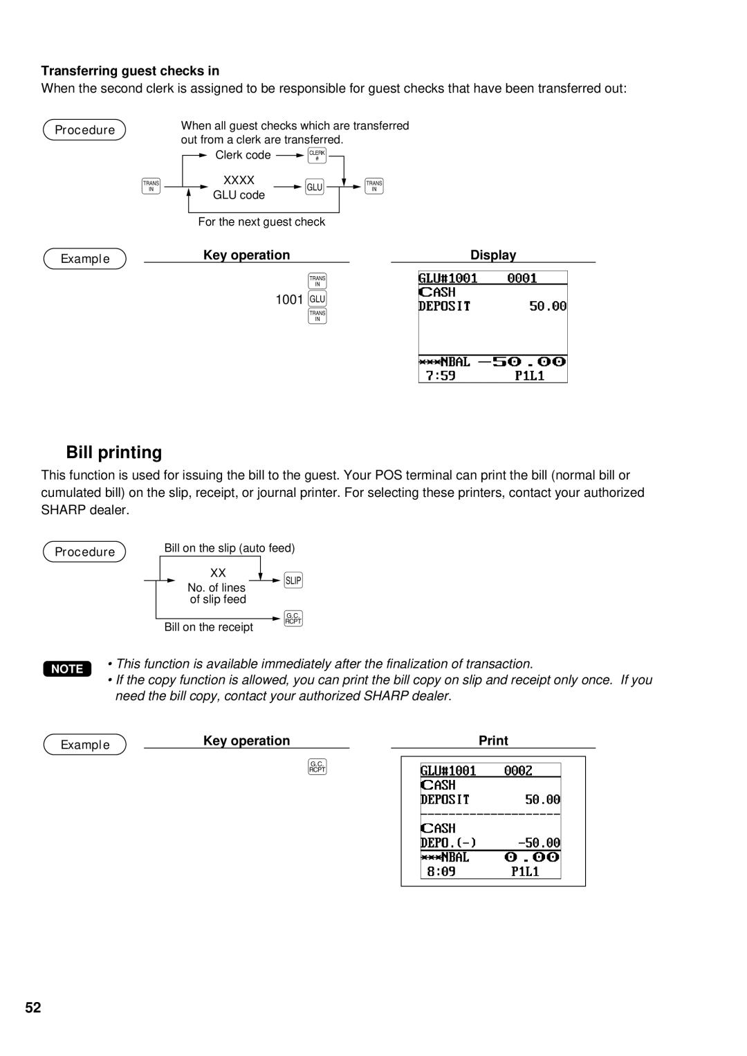 Sharp UP-700 instruction manual Bill printing, Transferring guest checks 