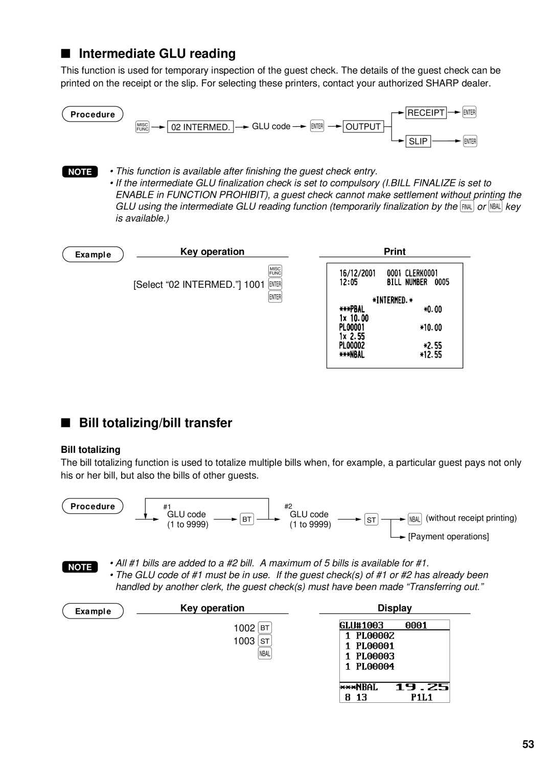 Sharp UP-700 instruction manual Intermediate GLU reading, Bill totalizing/bill transfer 