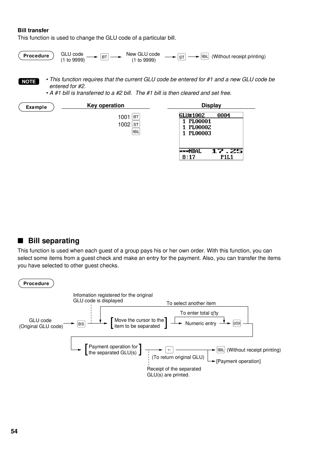 Sharp UP-700 instruction manual Bill separating, Bill transfer 