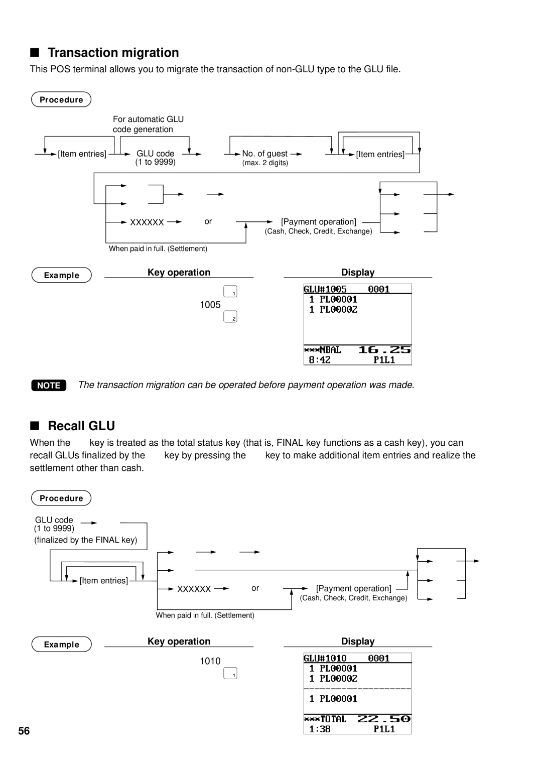 Sharp UP-700 instruction manual √ f, Transaction migration, Recall GLU 