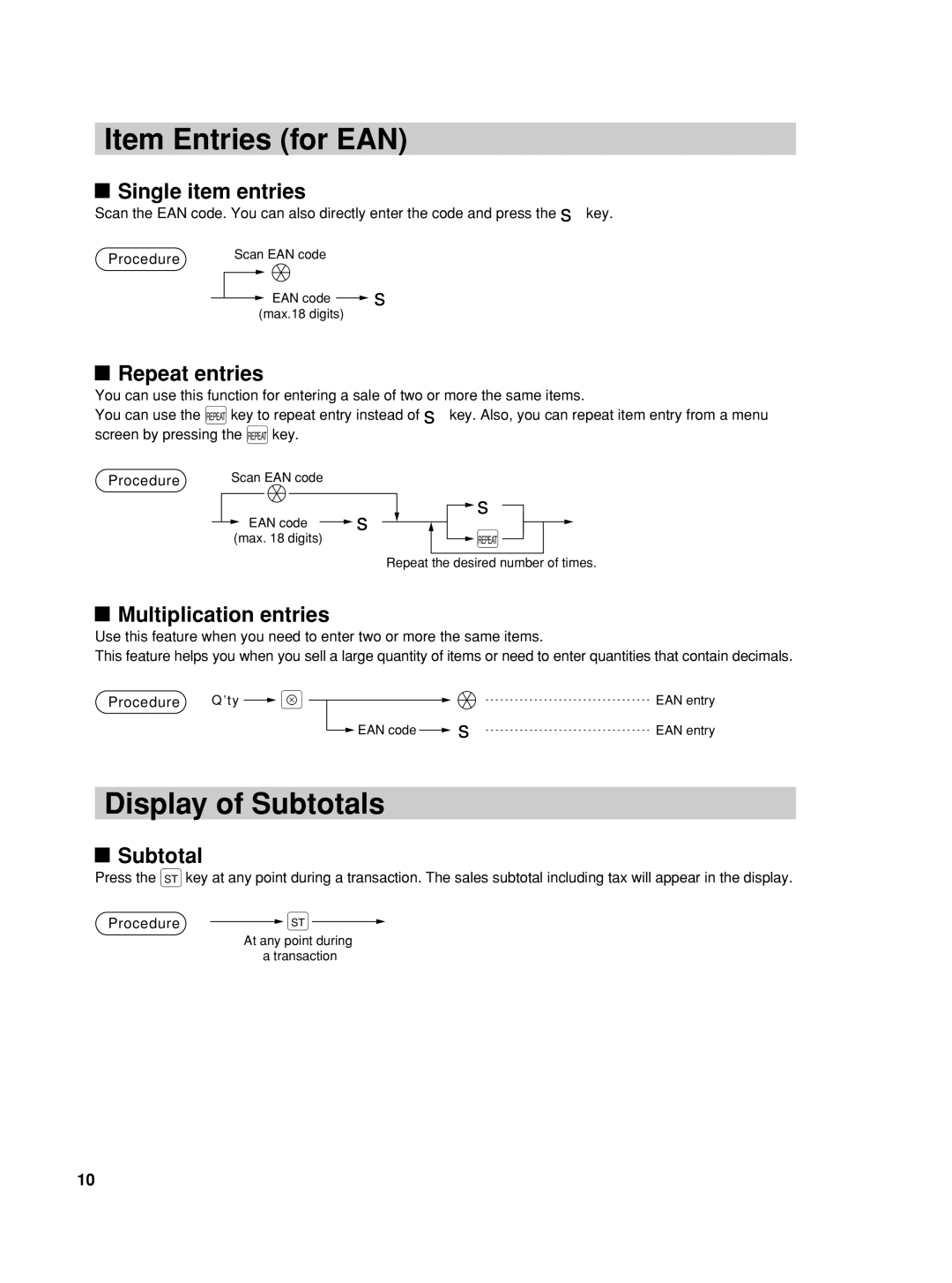 Sharp UP-800F, UP-810F user manual Item Entries for EAN, Display of Subtotals, Procedure s 