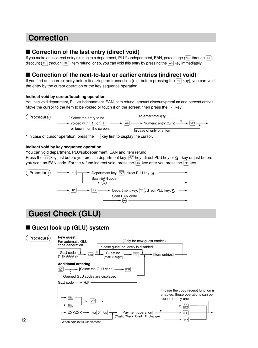 Sharp UP-800F, UP-810F user manual Guest Check GLU, Correction of the last entry direct void, Guest look up GLU system 