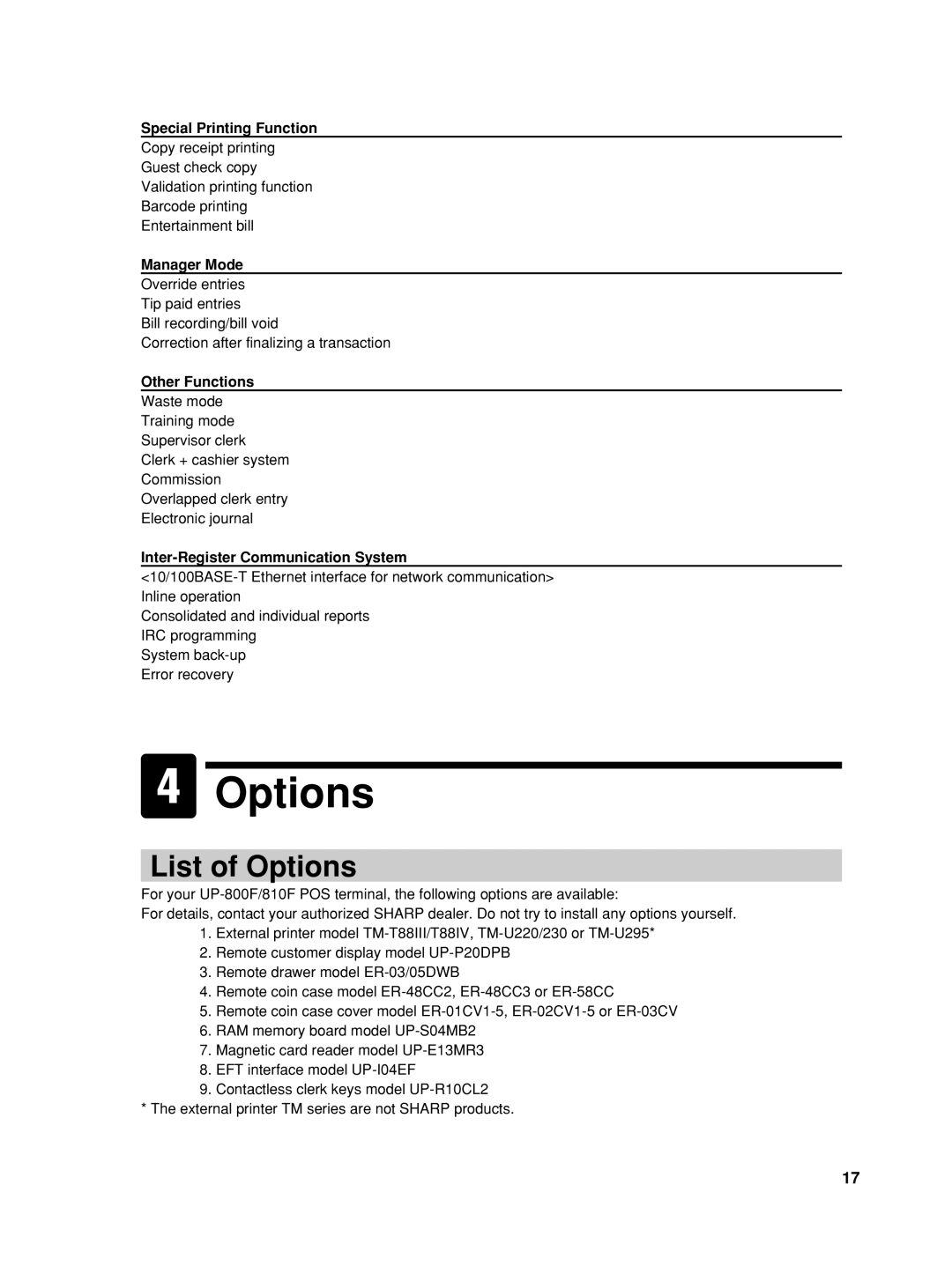 Sharp UP-810F, UP-800F user manual List of Options 