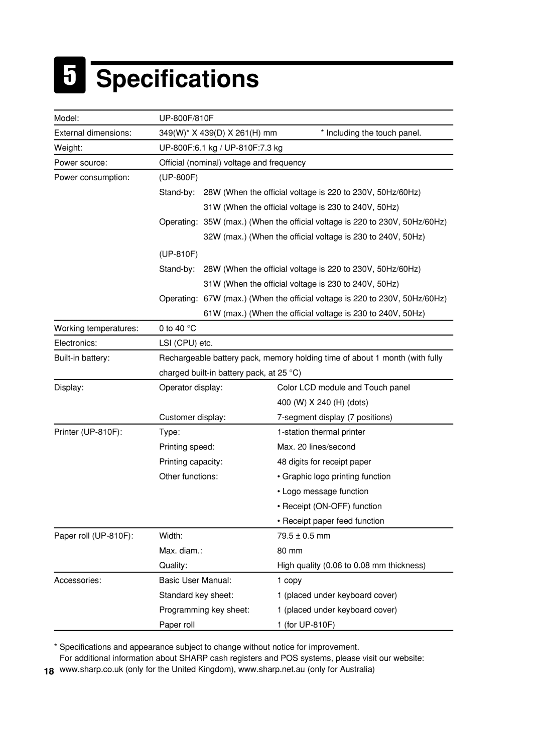 Sharp UP-800F, UP-810F user manual Specifications 