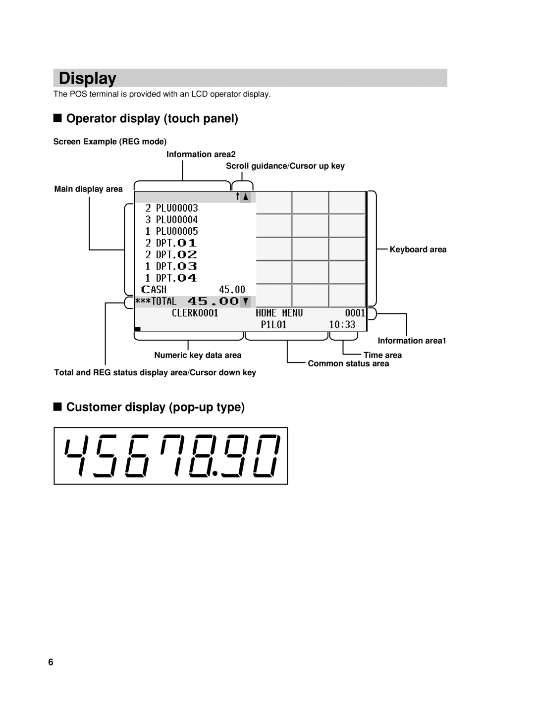 Sharp UP-800F, UP-810F user manual Display, Operator display touch panel, Customer display pop-up type 