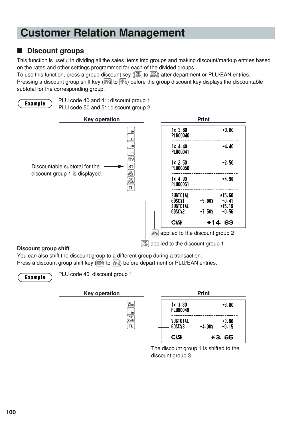 Sharp UP-820F instruction manual Customer Relation Management, Discount groups, 100, Discount group shift 