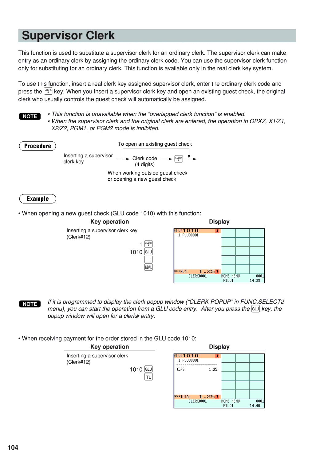 Sharp UP-820F instruction manual Supervisor Clerk, 104, 1010 g 