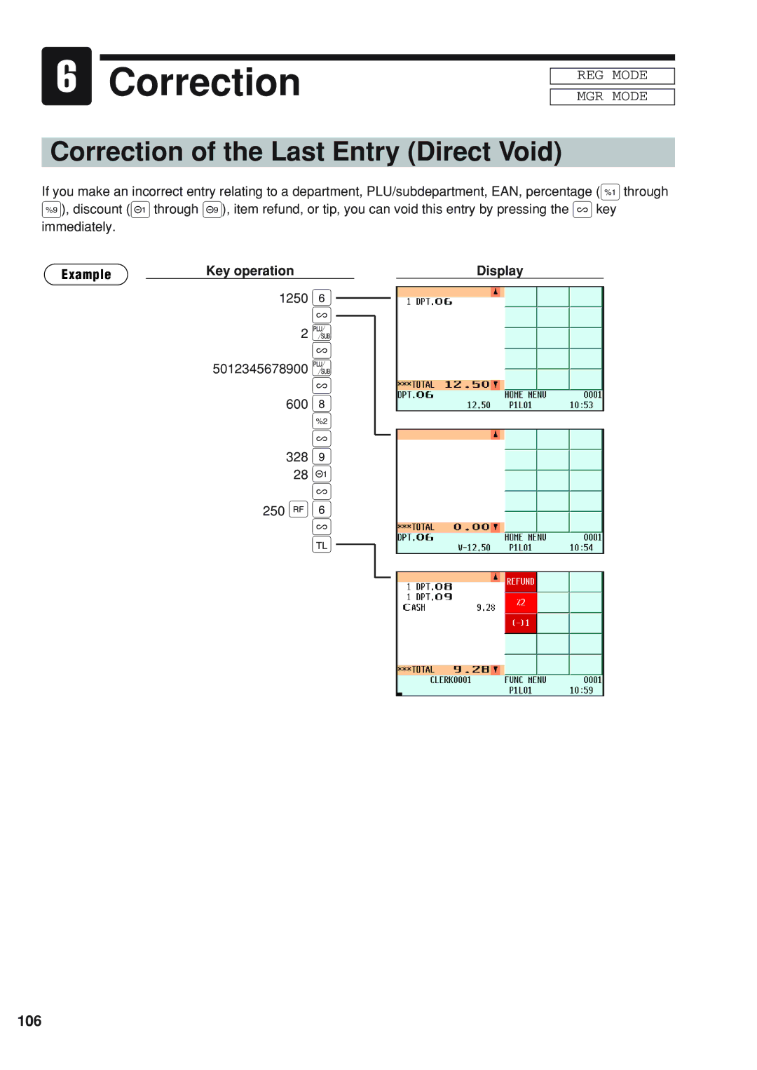 Sharp UP-820F instruction manual Correction of the Last Entry Direct Void, 600 328, 106 