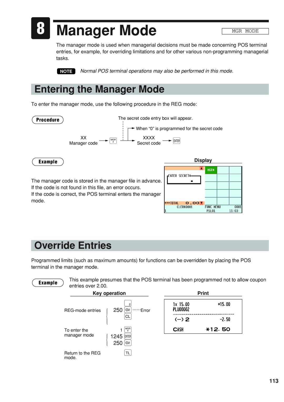 Sharp UP-820F instruction manual Entering the Manager Mode, Override Entries, 113 