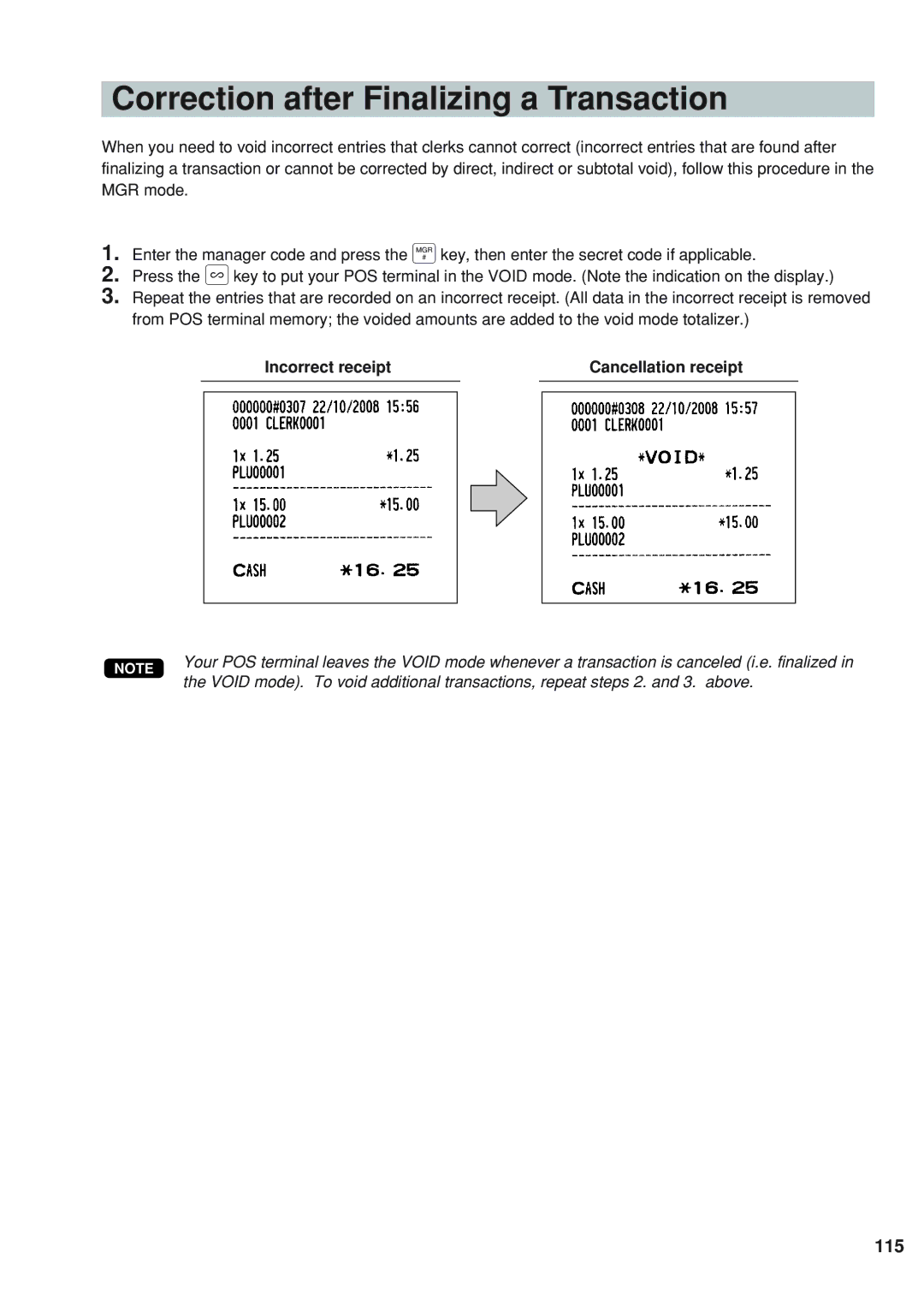 Sharp UP-820F instruction manual Correction after Finalizing a Transaction, 115, Incorrect receipt Cancellation receipt 