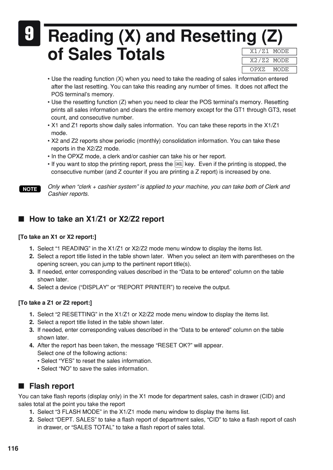 Sharp UP-820F Reading X and Resetting Z Sales Totals, How to take an X1/Z1 or X2/Z2 report, Flash report, 116 