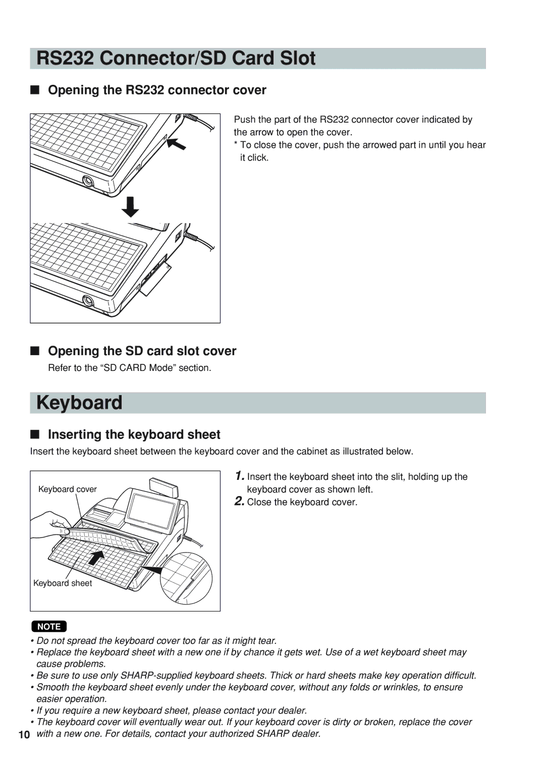 Sharp UP-820F RS232 Connector/SD Card Slot, Keyboard, Opening the RS232 connector cover, Opening the SD card slot cover 