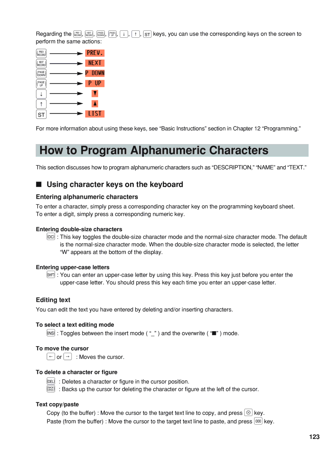 Sharp UP-820F How to Program Alphanumeric Characters, Using character keys on the keyboard, Editing text, 123 