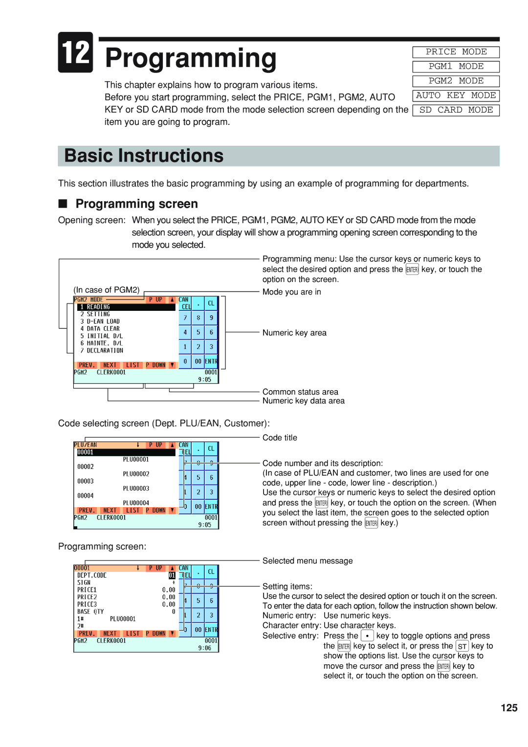 Sharp UP-820F instruction manual Basic Instructions, Programming screen, 125 