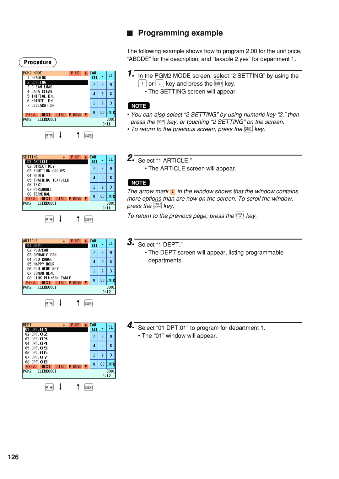 Sharp UP-820F instruction manual Programming example, 126, Select 1 Article Article screen will appear 