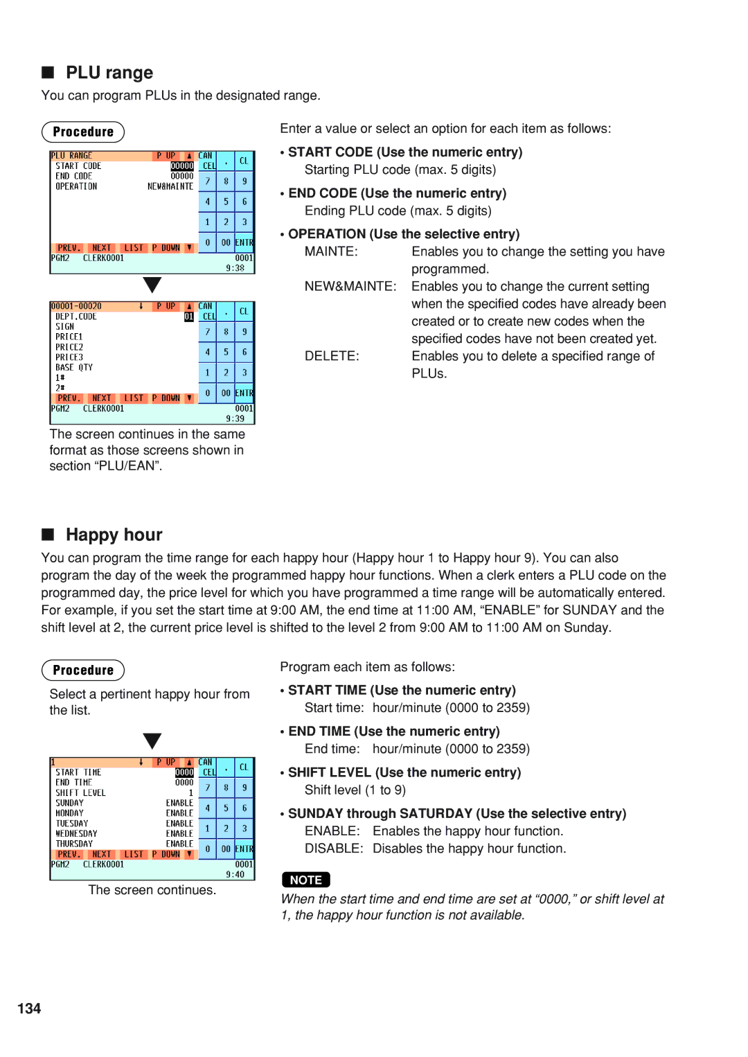 Sharp UP-820F instruction manual PLU range, 134 