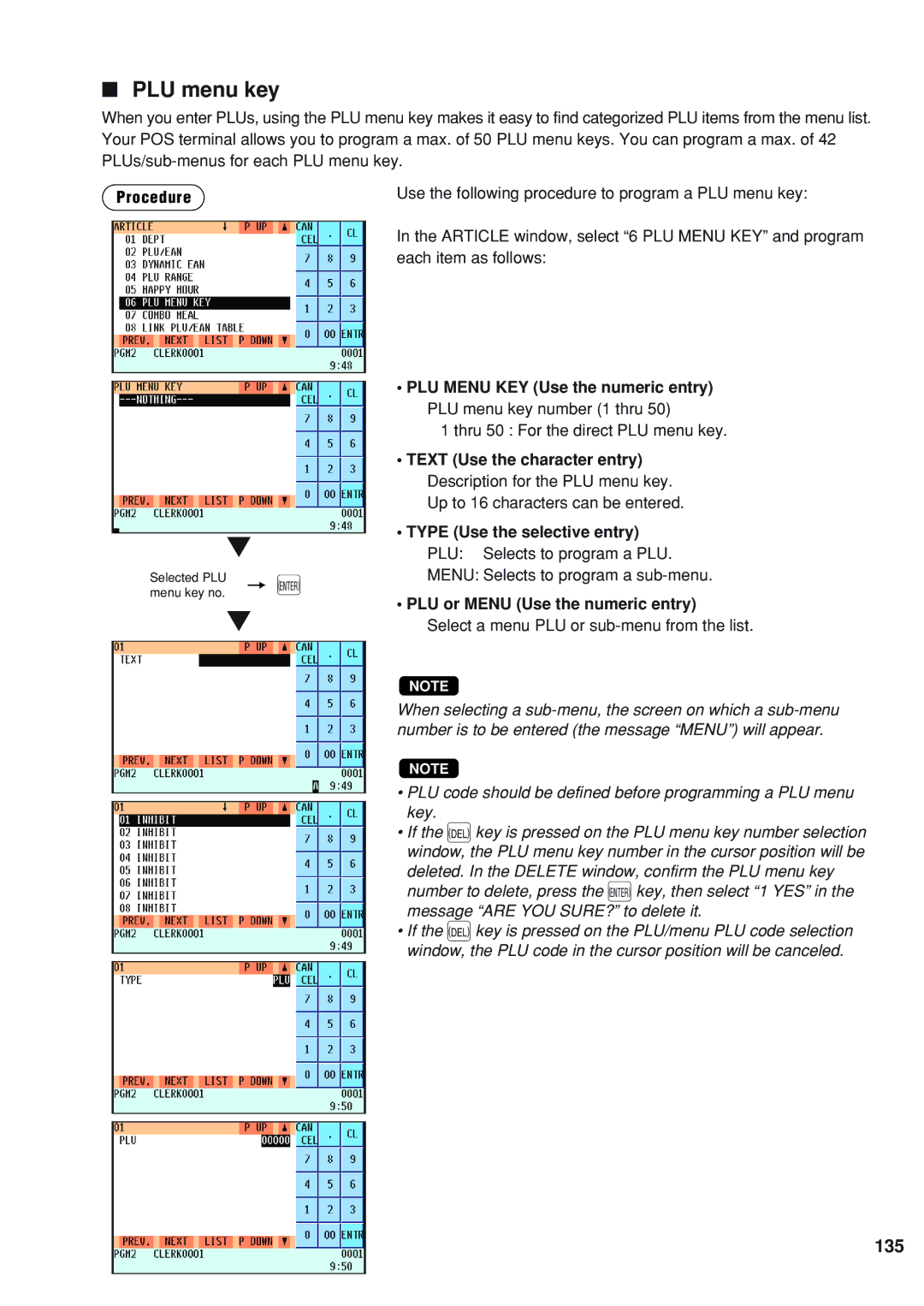 Sharp UP-820F instruction manual 135, Thru 50 For the direct PLU menu key, PLU or Menu Use the numeric entry 