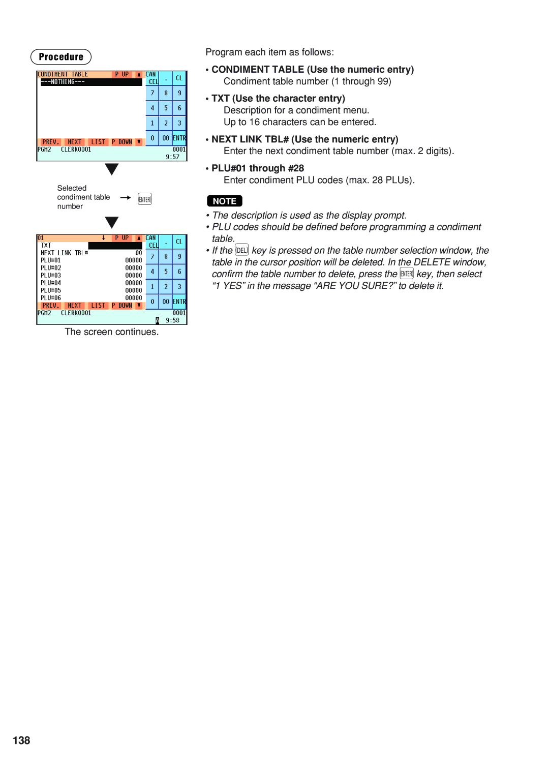 Sharp UP-820F 138, Next Link TBL# Use the numeric entry, Enter the next condiment table number max digits 