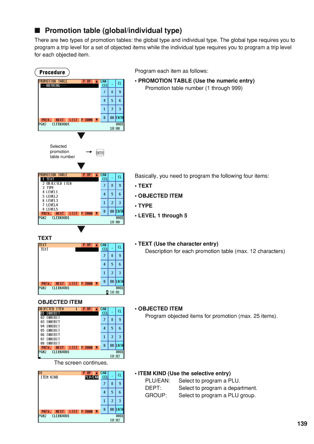 Sharp UP-820F instruction manual Promotion table global/individual type, 139, Level 1 through, Text Use the character entry 