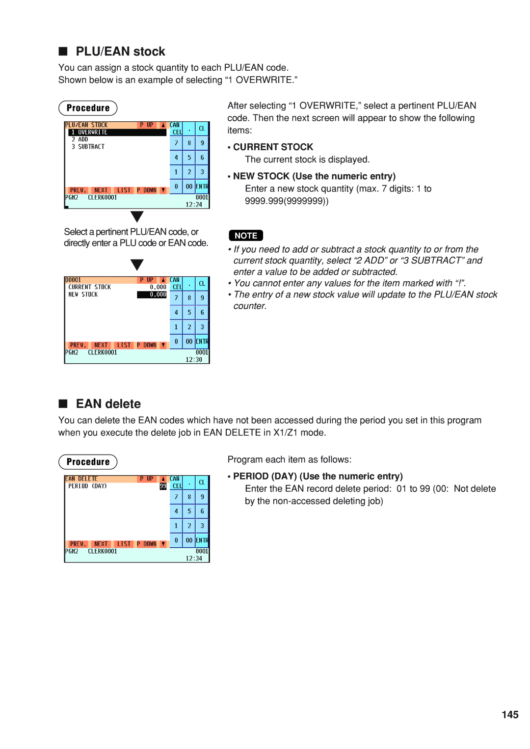 Sharp UP-820F PLU/EAN stock, EAN delete, 145, NEW Stock Use the numeric entry, Period DAY Use the numeric entry 